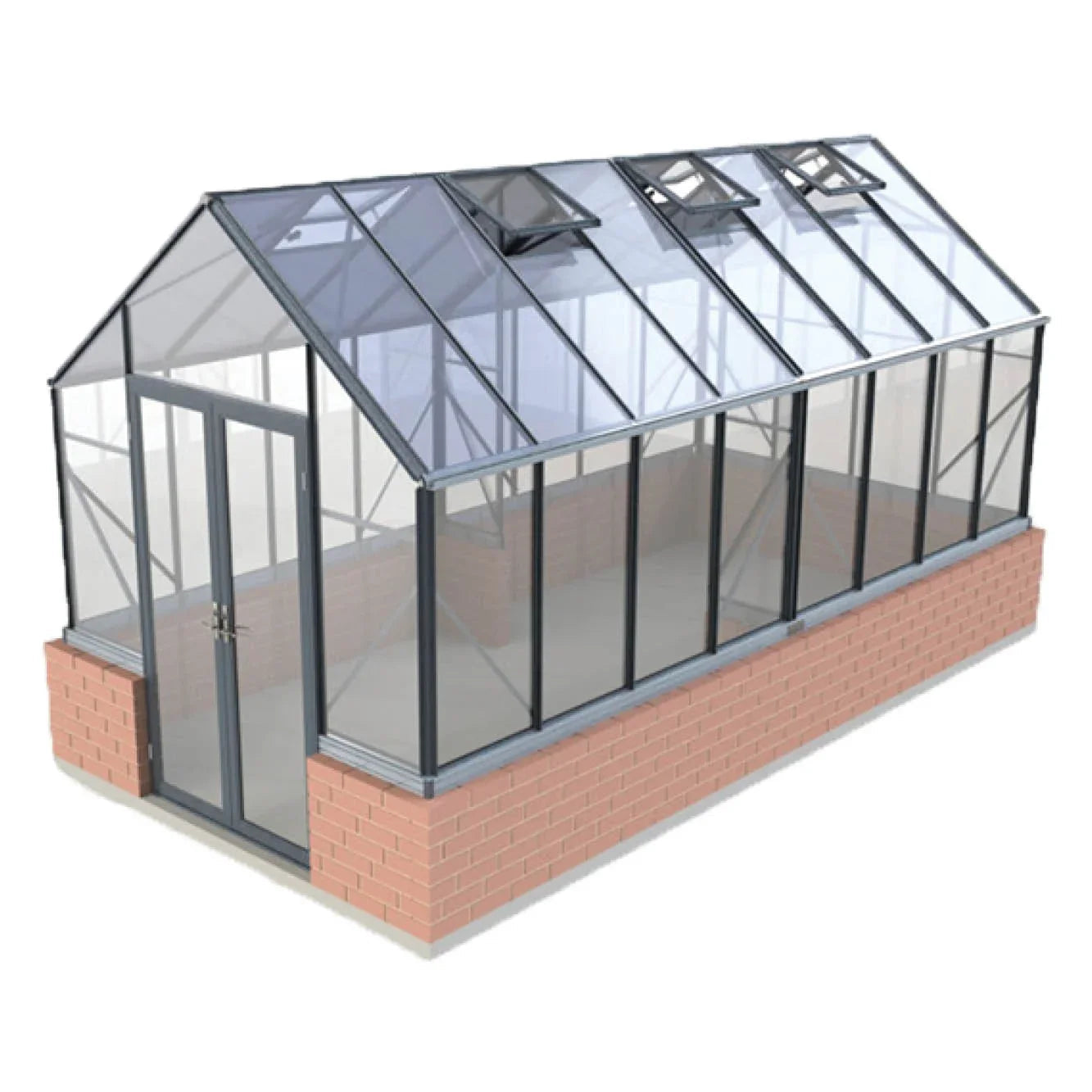 8x16 Elite greenhouse with glass panels, brick base, metal frame, and roof vents