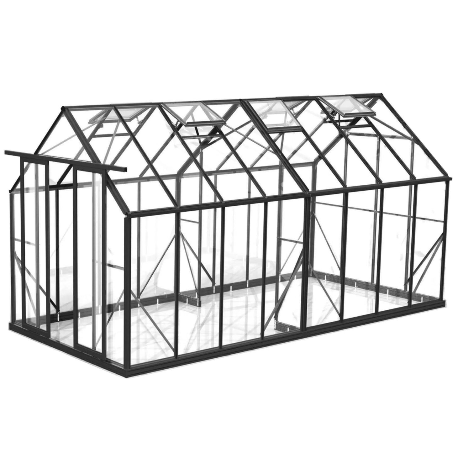 8x16 ft glass greenhouse with black metal frame and three roof vents, transparent toughened glass panels