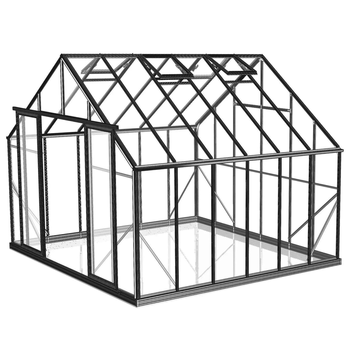 Black metal framed glass greenhouse structure with open roof vents and single door