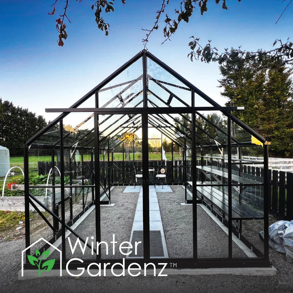 Modern glass greenhouse with black metal frame and interior seating area, outdoor garden setting