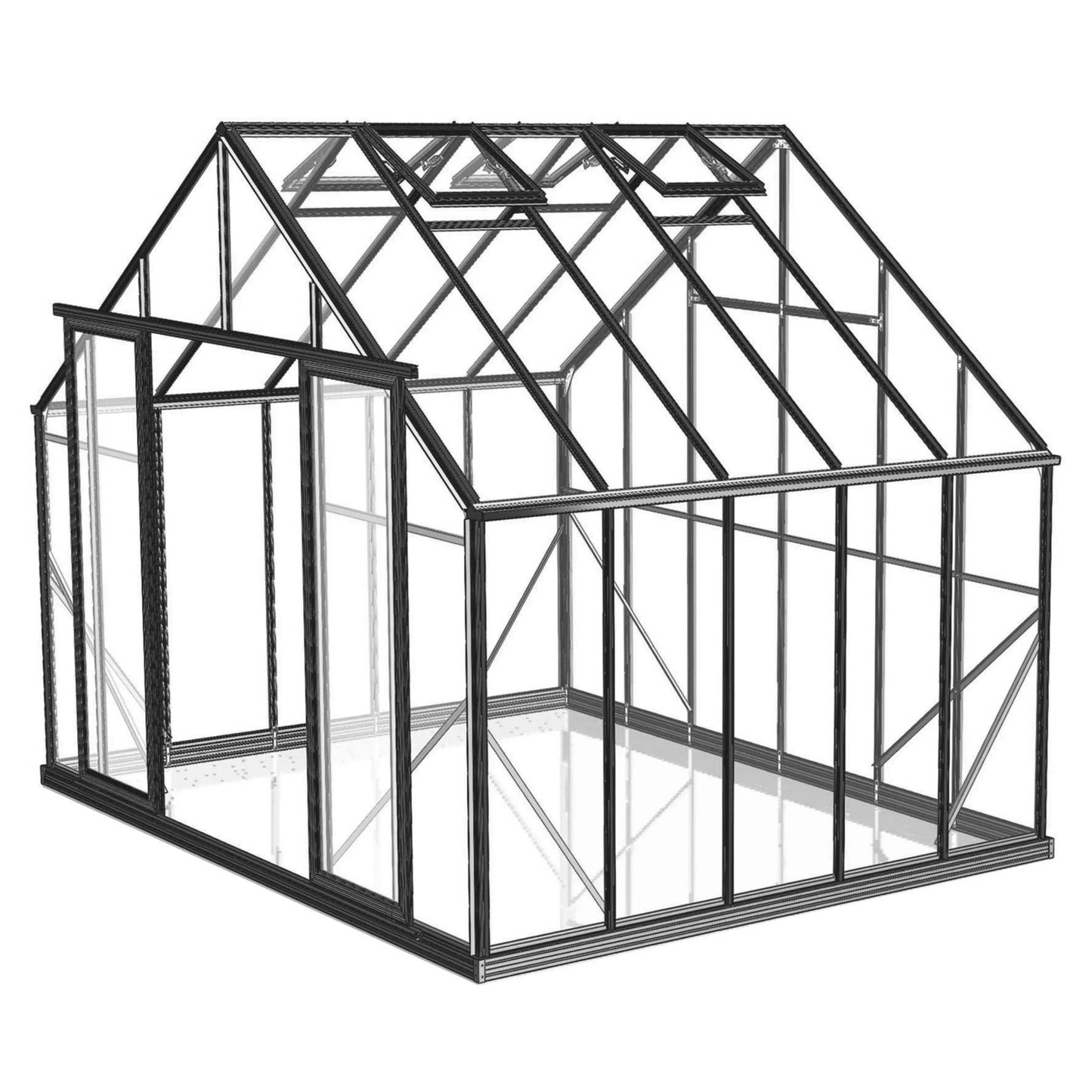 3D rendering of a 10x10ft toughened glass greenhouse frame with opening roof vents