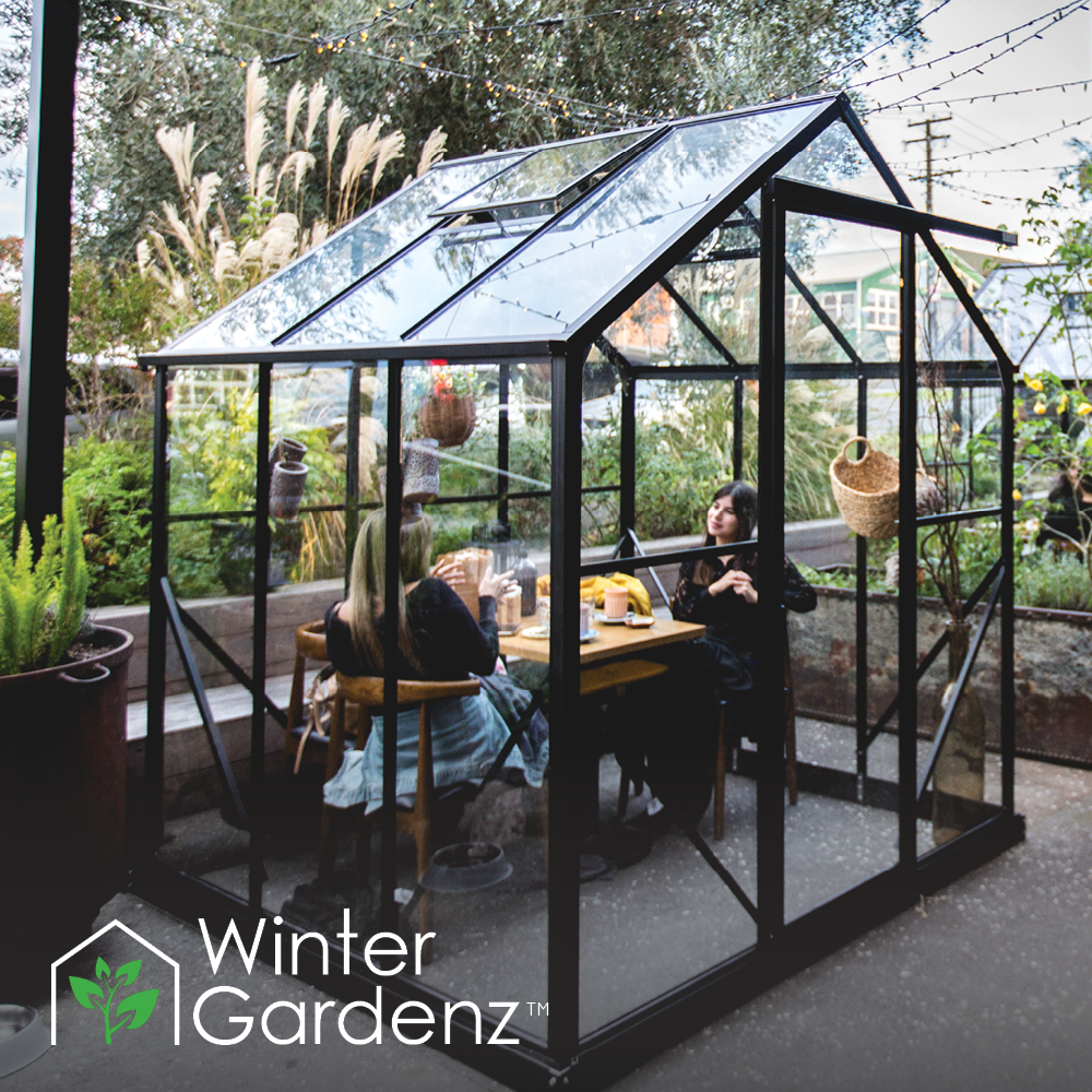 Two people sitting and chatting inside a small glass greenhouse patio pod outdoors
