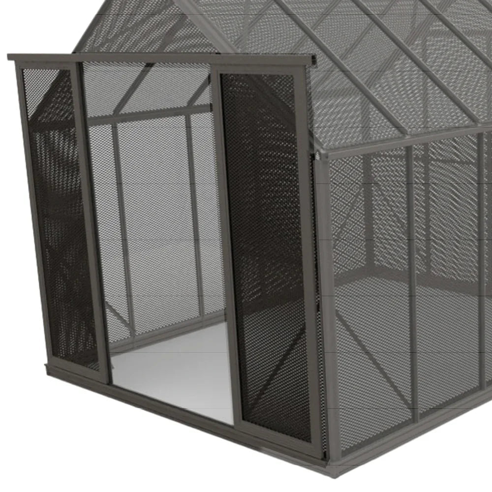 8ft sliding doors on a metal mesh outdoor enclosure with textured panels
