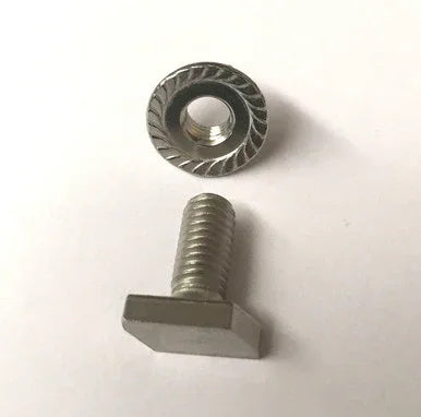 Square head bolt and metal serrated flange nut on white background